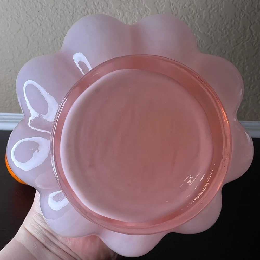 Vintage Fenton Art Glass 8” Dusty Rose Pink Overlay Melon Vase w Double Crimped